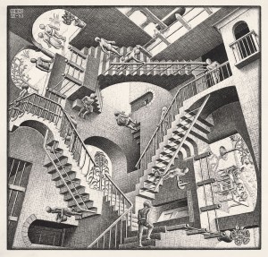 Escher, Madrid. Relatividad, 1953. Litografía. Cortesía: Arthemisia, Madrid, 2017.