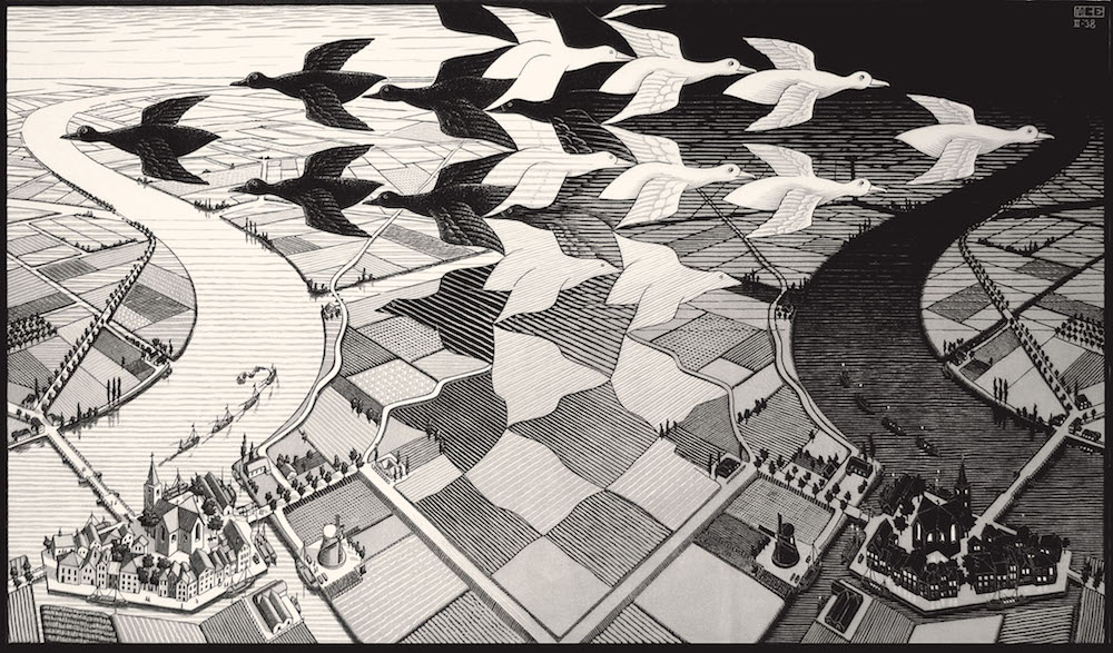 Escher, Madrid. Día y noche, 1938. Xilografía. Cortesía: Arthemisia, Madrid, 2017.